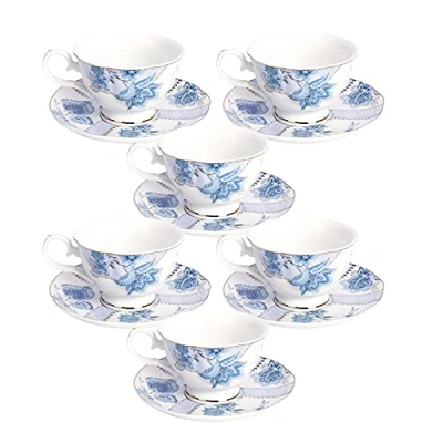 Immagine di fanquare Set di 6 Tazzine da caffè Floreali, Tazze Cappuccino in Porcellana con Piattini, Tazza tè per Compleanno, Matrimonio e Festa, Blu(150 ml)