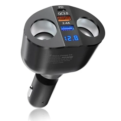 Immagine di Qidoe Cigarett Splitter USB C Caricabatteria Auto Accendisigari: 12 V/24 V PD30W QC 3.0 Caricatore 120W Doppio Presa Adattatore Accendisigari Sdoppiatore con LED voltmetro per Cellulare,GPS,Dash Cam