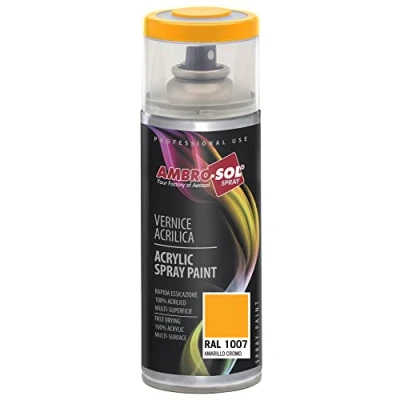 Immagine di Ambro Sol V4001007 Smalto Acrilico Multiuso, Vernice Brillante per Interni ed Esterni, Adatto Qualsiasi Tipo di Materiale, Bomboletta Spray in Banda Stagnata Riciclabile da 400 ml, Giallo Cromo