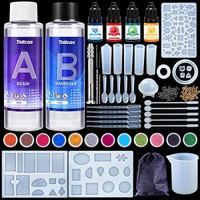 Immagine di Resina Epossidica Trasparente Kit, Stampi per Rapporto 1:1 Starter Kit Principianti, 200 ml e di Indurente, Pigmenti, Glitter, Misurini, ottimo Artigianato, Gioielli, Legno