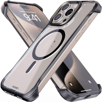 Immagine di REBEL custodia trasparente per iPhone 15 Pro Max [serie Crystal Flex] Lati esposti il comfort, forte compatibile con MagSafe, presa lucida, protettiva antiurto, senza cornice aggiornata