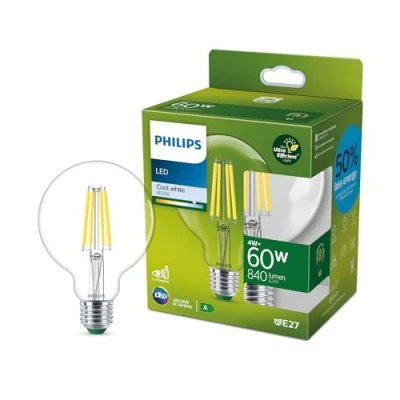 Immagine di Philips LED Lampadina Globo a Filamento Classe Ultra Efficiente Risparmio Energetico, 60W, E27, Luce Bianca Fredda