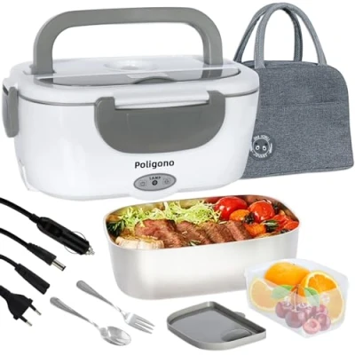 Immagine di Poligono Scaldavivande Elettrico Portatile con Borsa Termica, Lunch Box 1.5L Portavivande Termico Elettronico in Acciaio Inox, Porta Pranzo da Ufficio e Auto(55W 220V), Grigio