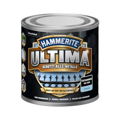 Immagine di HAMMERITE Vernice protettiva in metallo ULTIMA lucida, nero intenso RAL9005, 250 ml