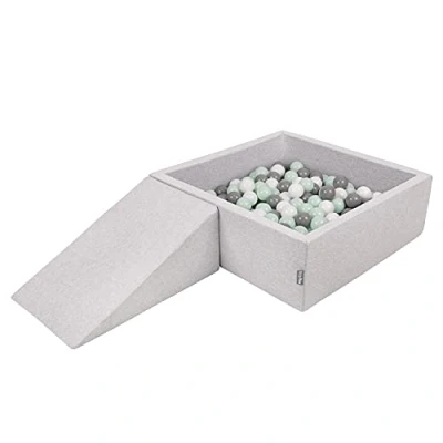 Immagine di KiddyMoon Area di Gioco in Schiuma con Quadrato Piscina Palline (200 Palline) per Bambini, Grigioch:Bianco/Grigio/Menta