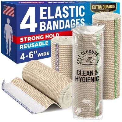 Immagine di Fascia per Bendaggio di Compressione Elastica Set da 4 (2 x 10cm + 2 15cm) a Durevole Chiusura in Velcro