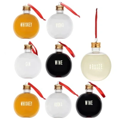 Immagine di THE TWIDDLERS Palline di Natale da Riempire Bevande (Gin Vodka Whisky Vino) e Caramelle con Etichette Trasparenti Ornamento per Albero Appeso (8, 10cm x 8cm 250ml)