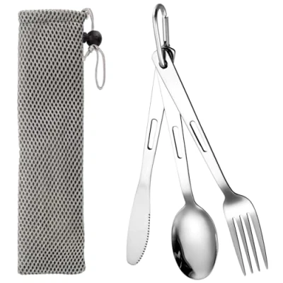Immagine di 3 Pezzi posate da viaggio con Borsa Portaoggetti, argento,Set di Acciaio Inox,set viaggio,con coltello,forchetta,cucchiaio,lavabili(argento)