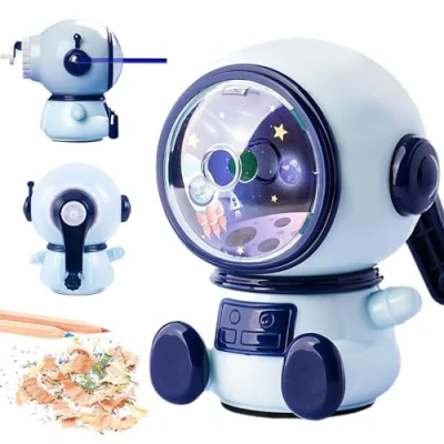 Immagine di Temperino automatico, Temperamatite Astronauta, con manovella e contenitore, Manuale, Regolabile per Ufficio Aula dei Bambini (Tre Livelli Regolabili)