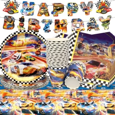 Immagine di Stoviglie per Feste Corsa,Doyomtoy 62 Pezzi Racing Car Compleanno Decorazioni Auto Piatti di Compleanno, Tazze, Tovaglioli Bambini Forniture a Tema