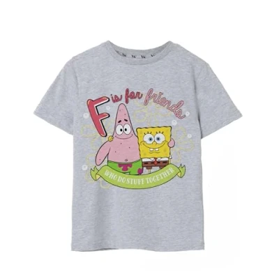 Immagine di Spongebob Squarepants Bambina T Shirt Grigia a Maniche Corte F è per Gli Amici Una Maglietta Groovy i Giovani Fan di Unisciti alla Bikini Bottom Crew 7 8 Anni