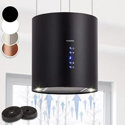 Immagine di Klarstein Cappa Isola Sospesa, Cucina con LED, Flusso d&#039;Aria di 558m3/h, Sospesa per a Candelabro, Filtri Antigrasso, Sottopensile Carboni Attivi