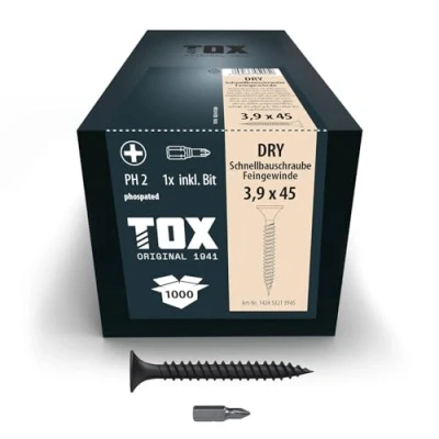 Immagine di TOX viti per cartongesso DRY FG 3,9 x 45 mm, fosfatate nere con testa a tromba + filettatura fine, su sottostruttura metallica, PH2, 1000 pezzi, incl. 1x punta, 142453213945