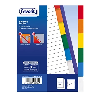 Immagine di Favorit 100500802 Divisori con Foratura Universale per Raccoglitori ad Anelli 6 Tacche Neutre Colorate, Formato Interno A5, in Polipropilene (Materia Plastica Atossica)