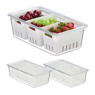 Immagine di Relaxdays Set di 3 Organizer per Frigorifero Contenitori Frigo con Coperchio, da 3, Impilabili, Cestelli Scola Verdure, Box Alimenti, Trasparente, 10 x 32 17,5 cm ca