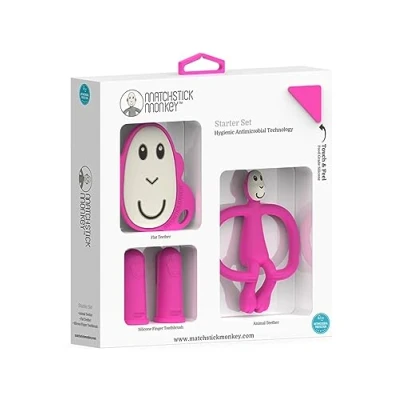 Immagine di Matchstick Monkey, Starter set antimicrobico per dentizione, 1 massaggiagengive piatto, animale, 2 spazzolini da denti in silicone, 3 mesi +, scimmia rosa