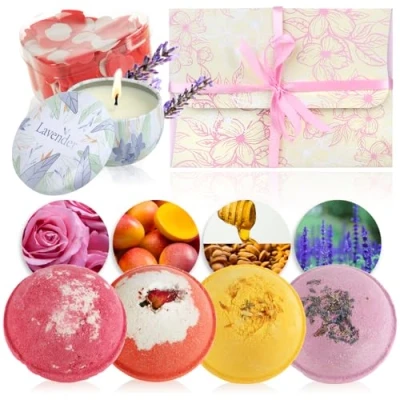 Immagine di com four® Set di 6 Bombe da Bagno con Candela Cera soia e coriandoli Regalo Benessere per Donne Uomini San Valentino
