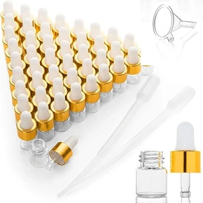 Immagine di Mini flaconi contagocce da 50 pezzi, vuoti per tintura in vetro con tappi dorati, fiale campioni di profumo oli essenziali, olio il corpo e liquidi (1 ml)