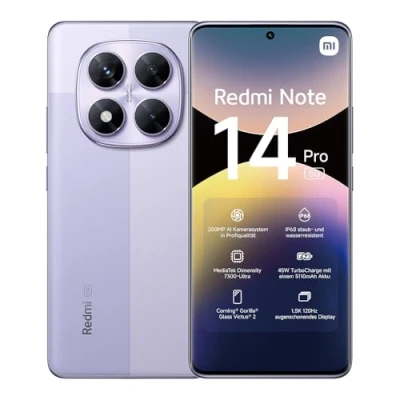 Immagine di Xiaomi Smartphone Redmi Note 14 Pro 5G, 8+256GB, fotocamera AI da 200MP, IP68, ricarica turbo 45W con batteria 5110mAh, funzionalità (caricabatterie non incluso), Viola