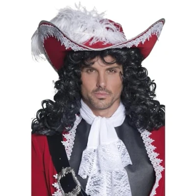 Immagine di Smiffys Capello autentico da pirata, rosso con decorazioni in argento e piume