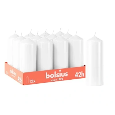 Immagine di Bolsius candele a pilastro lisce, colore bianco, 12 pezzi, 15 x 7 cm, decorative per la casa, durata 42 ore, non profumate, contiene cera vegetale naturale, senza olio di palma