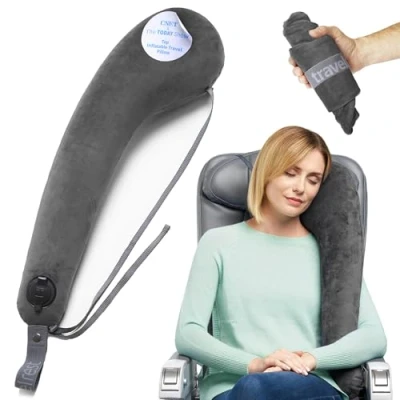 Immagine di Travelrest All in One Cuscino da Viaggio Verticale Pieghevole Lavabile Leggero con Cintura Gonfiabile, Sostiene Testa e Collo Per Aereo, Treno, Pullman Innovativo Design Ergonomico