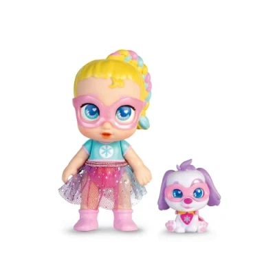 Immagine di Super cute mini bambola Glitzy Cool con cucciolo Regi &amp; Snowball, articolata da 12 cm cucciolo, abiti supereroe e accessori, adatta per bambini dai 4 anni in su