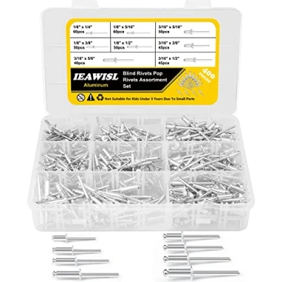 Immagine di 400 Pezzi Rivetti Alluminio, Pop Rivetti, Ciechi, Ciechi Rivetto Kit, Set di a Strappo Legno Plastica 8 misure Cieco in Alluminio per Metallo Legno（argento）