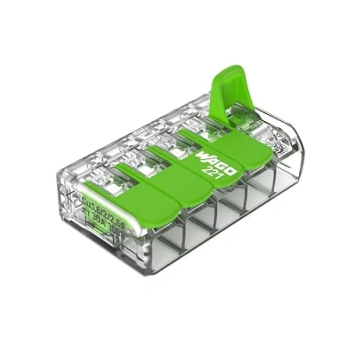 Immagine di WAGO 221 425 Morsetto flessibile: 0.14 4 mm² rigido: 0.2 Numero Poli (num): 5 25 pz. Trasparente, Verde