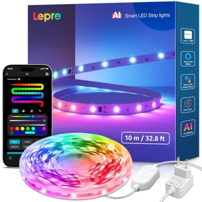 Immagine di Lepro Striscia LED 10 Metri, Smart Funziona con Alexa,Google Assistant,APP, Strisce Camera da Letto,Luci Controllo Vocale,DIY Segmentato Sync Musicale Luminosa per Bar Giochi