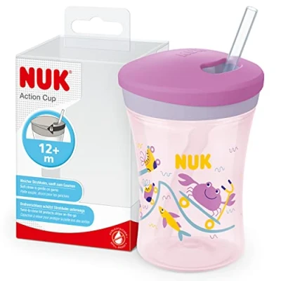 Immagine di NUK 10255600, Action Cup bicchiere con riutilizzabile cannuccia per bambini, 12+ mesi, Coperchio chiusura ad avvitamento e morbida, A prova di perdite lavabile, Senza BPA, 230ml, viola
