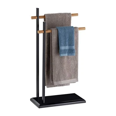 Immagine di Relaxdays Porta Asciugamani da Terra, Piantana a 2 Bracci, Metallo, Aste in Bambù, HxBxT 85,5x45x22,5 cm, Nero/Marrone