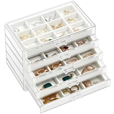 Immagine di ProCase organizer per gioielli in acrilico, trasparente gioielli, con 5 cassetti, orecchini, collane, anelli, la casa Bianco caldo