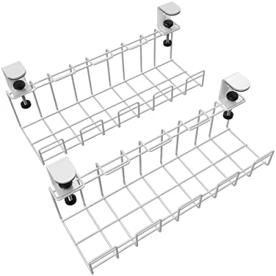 Immagine di Portacavi da scrivania bloccabile per l&#039;ordine sul posto di lavoro ripone cavi, caricabatterie e prese multiple senza attrezzi (2x M, metallo bianco, organizer cavi gestione) KD Essentials