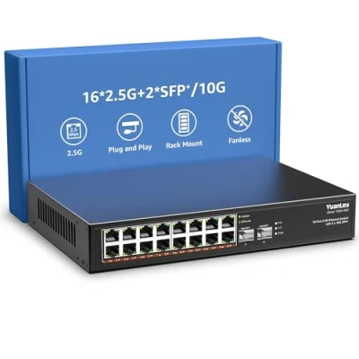 Immagine di 18 Porte 2,5G Switch Ethernet Umanaged, 16 Port Base T, 2 10G SFP, Compatibile 100/1000M, Metallo Senza Ventola, di Rete YuanLey 2,5Gbe da Montaggio a Rack per AP Wireless, NAS, PC