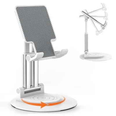 Immagine di BHHB Supporto per cellulare regolabile da tavolo, con base girevole a 360 gradi, smartphone, iPad Mini, Kindle e molto altro (bianco)