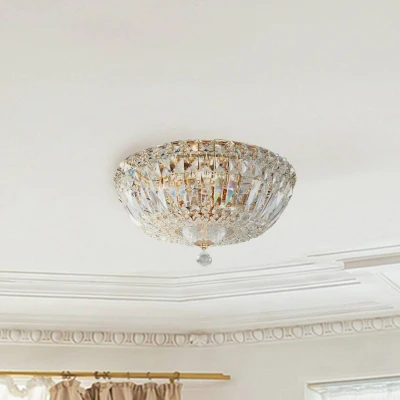 Immagine di Plafoniera rotonda in cristallo, montatura color oro, numerosi cristalli autentici di varie forme, 3 luci, senza E14 60 W, 220 240 V