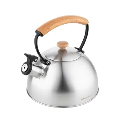 Immagine di FLORINA Bollitore Acqua (2,3 l) I da Fornello NATURA con Manico in Legno Fischio Automatico per Fornelli a Induzione, Gas, Elettrici Colore: Argento