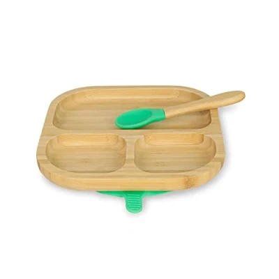 Immagine di BIOZOYG Set con Piatto quadrato di bambù I base a ventosa e cucchiaio certificato FSC ciotola in legno per bambini da merenda Stoviglie verdi