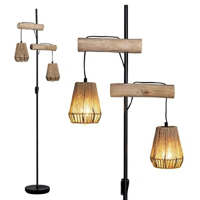 Immagine di lampada da terra in legno boho a 2 lampadine, rattan, con interruttore on/off, rustica ombrelli lampade alte per soggiorno, camera letto, ufficio