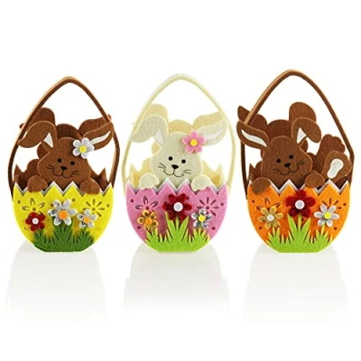 Immagine di com four® 3X Simpatici Sacchetti di Feltro cestini a Forma Coniglietto Pasquale da riempire e Regalare Pasqua (3 Tasche 17x13 cm)