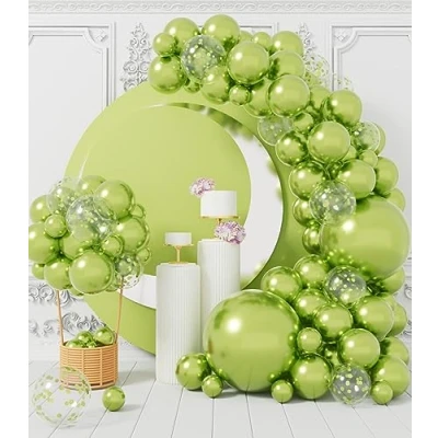 Immagine di Kit Arco Palloncini Verdi Chiaro: 100 Pezzi Lime Coriandoli Set Ghirlanda Verde in Lattice Con Nastri per Compleanno Baby Shower Giungla Dinosauri Decorazioni