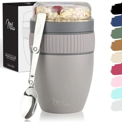 Immagine di Milu tazza per il muesli 400ml I con cucchiaio Acciaio inossidabile Impermeabile e isolato Cup to go yogurt porridge (Grigio Taupe)