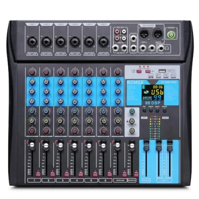 Immagine di BOMGE Console professionale Mixer Sound Board Sistema da scrivania a 8 canali w/interfaccia audio USB registrazione B, funzione BT, 99 effetti DSP, alimentazione phantom 48V Stereo DJ Studio FX