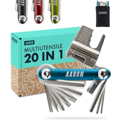 Immagine di AARON Tool Multitool attrezzo multifunzione per bicicletta, in acciaio inossidabile/alluminio, mini pieghevole con molte funzioni blu