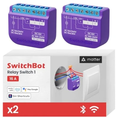 Immagine di SwitchBot Smart Interruttore Relè 1, Modulo Intelligente con Ripetitore Bluetooth Integrato, Interruptore Wi Fi &amp; Compatibile Alexa/Apple HomeKit/Google Home,16A Confezione da 2