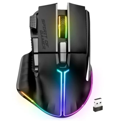 Immagine di Spirit Of Gamer PRO M5, Mouse Gaming Senza Fili per PC RGB, 8 Pulsanti Programmabili di cui 1 Rapid&#039;Fire, Connessione Bluetooth e 2,4 GHz, Batteria a Lunga durata 90 ore, Ergonomico, Nero