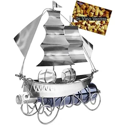 Immagine di Brubaker Portabottiglie per Vino Nave a Vela Decorazione in Metallo con Biglietto d&#039;Auguri Regalo del