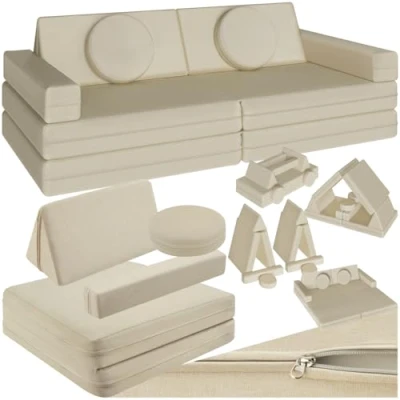 Immagine di TecTake® Divano Modulare da Gioco 8 Pezzi, Divanetto per Bambini con Imbottitura in Gommapiuma, Tessuto di Lino, Coperture Rimovibili, Funzione Letto, Impilabile, 120 cm Beige
