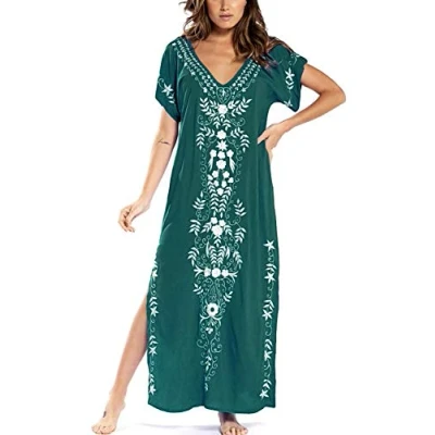 Immagine di YOUKD Cotton Kaftan Abito Floreale Ricamato Bohemian Beach Bikini Cover Up Robe Plus Size Camicia da Notte per Le Donne